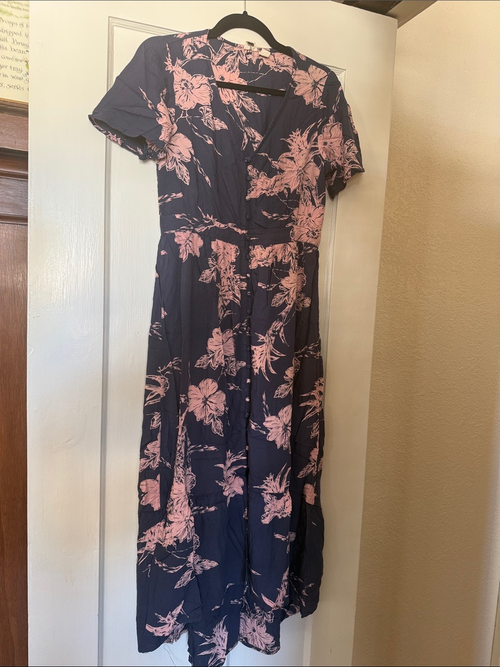 Roxy Navy Midi Dress with Pink Floral Motif